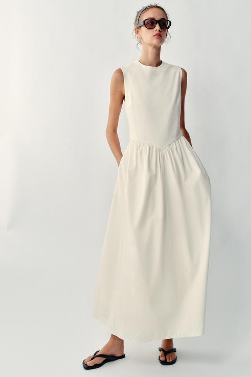 ZARA КОМБИНИРОВАННОЕ ПЛАТЬЕ МИДИ, ЭКРЮ