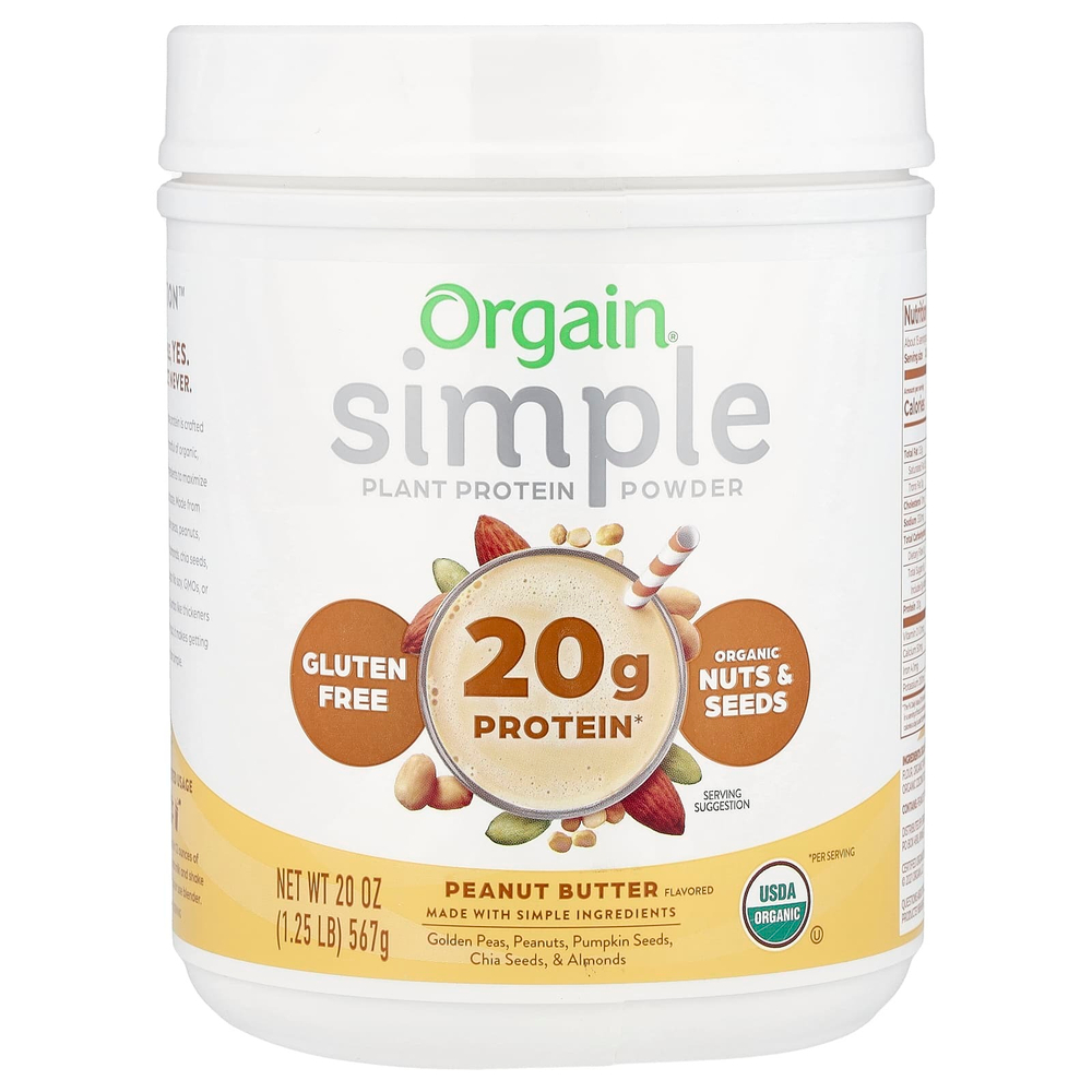 Orgain, Simple, растительный протеин в порошке, арахисовая паста, 567 г (20 унций)