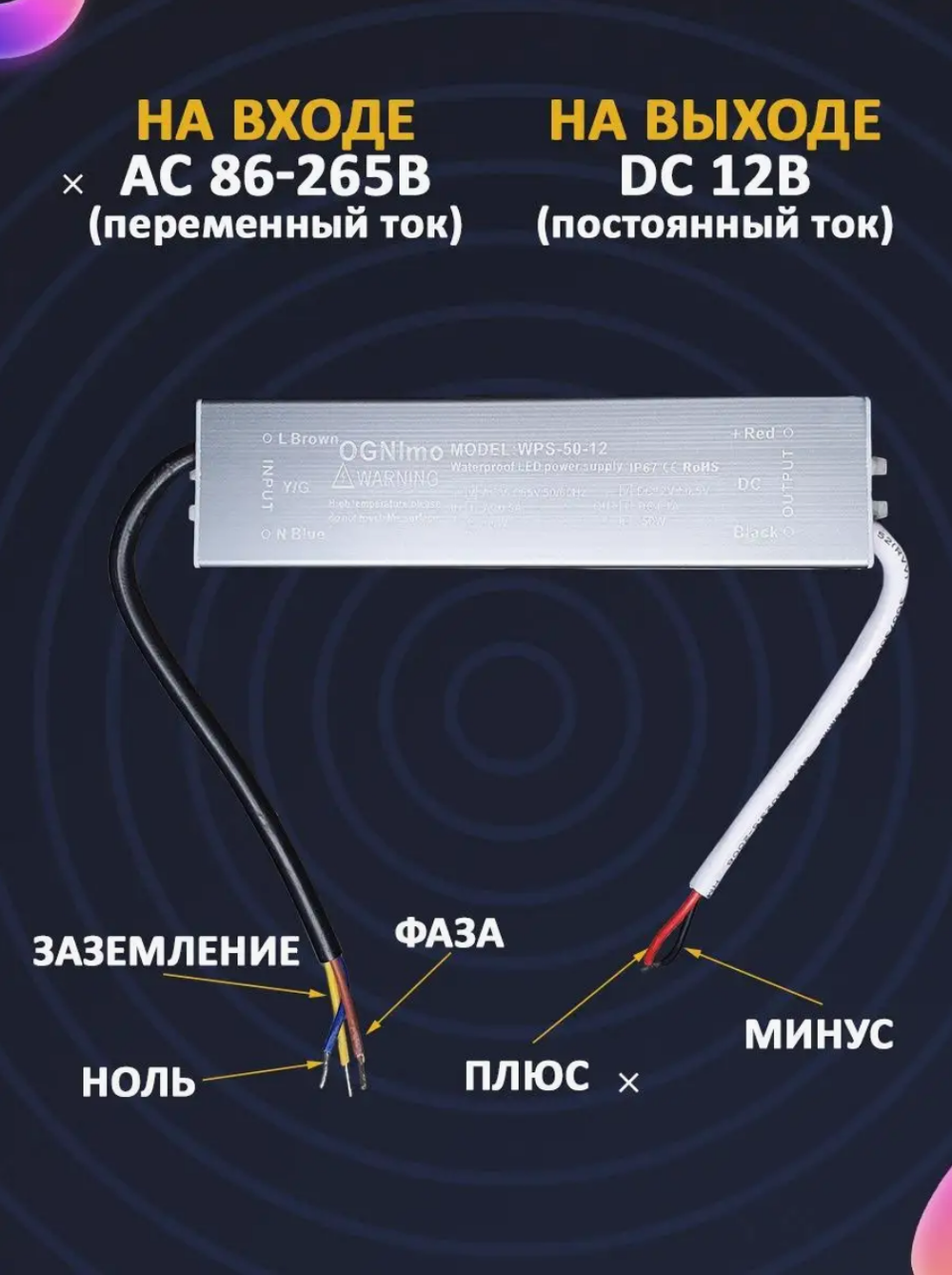 Блок питания наружный 220В / 12В / 50W / IP67