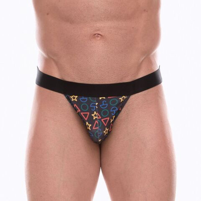 Темно-серые трусы-танга с разноцветным принтом в виде значков (Размер: S) (Цвет: темно-серый)