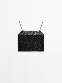 Massimo Dutti Кружевной топ на бретелях, черный