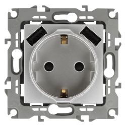Розетка ЭРА Серия 12 12-4109-03 2P+E 16A-250В штор. с 2xUSB 5В-3А алюминий | Эра 12