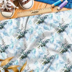 Ткань атлас размытые акварельные листья и цветы