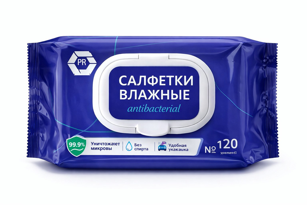Влажные салфетки антибактериальные PR синие №120 с клапаном