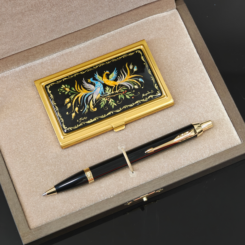 Набор "Две жар-птицы" визитница персональная с ручной росписью и ручка Parker