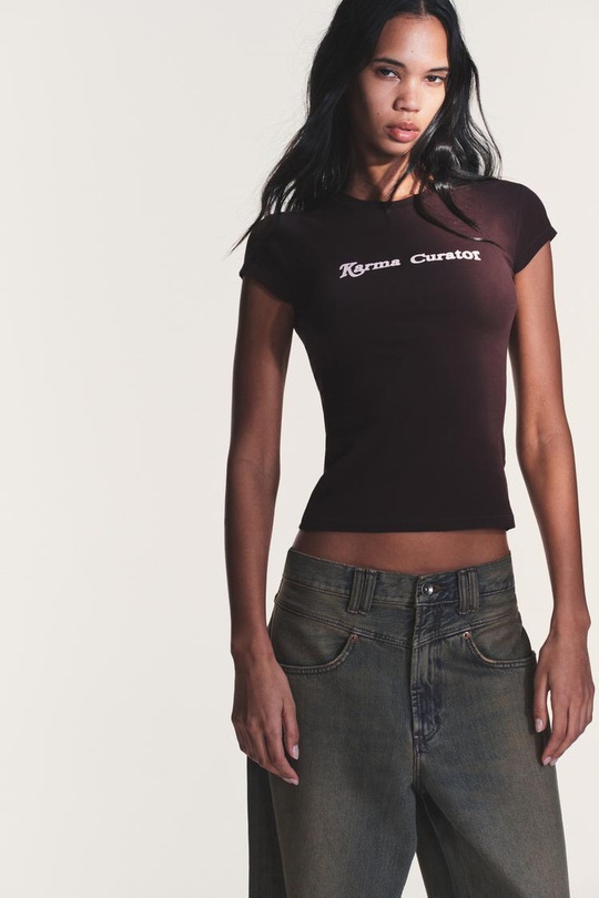 ZARA ФУТБОЛКА С НАДПИСЬЮ, ШОКОЛАДНЫЙ