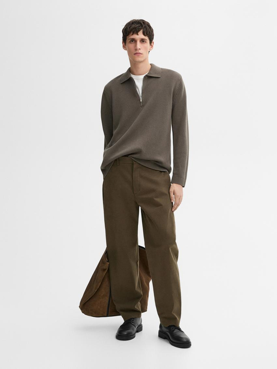 Massimo Dutti Трикотажный свитер с воротником поло на молнии, хаки