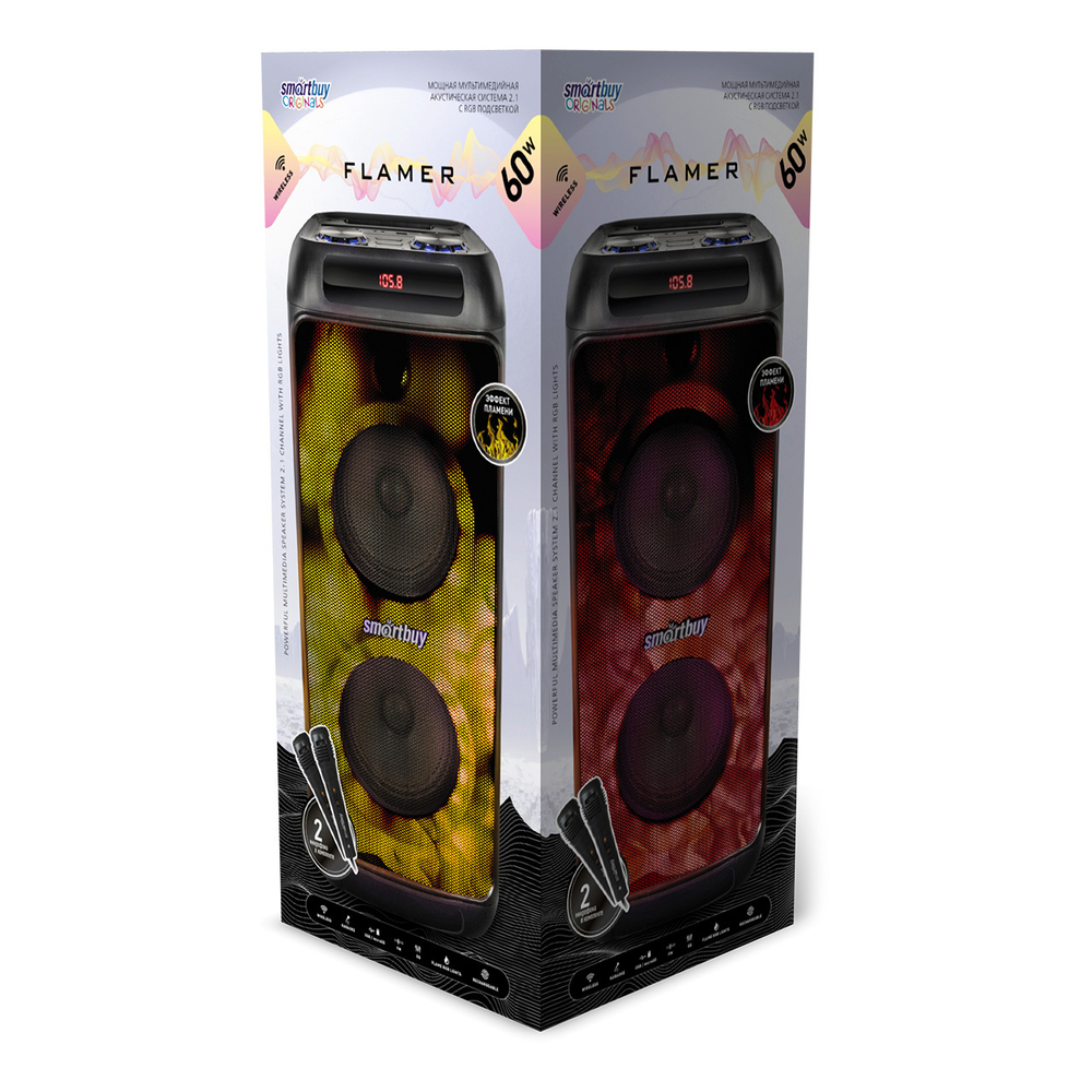 Колонка 2.1 SmartBuy FLAMER, 60Вт, Bluetooth, MP3, FM-радио, караоке