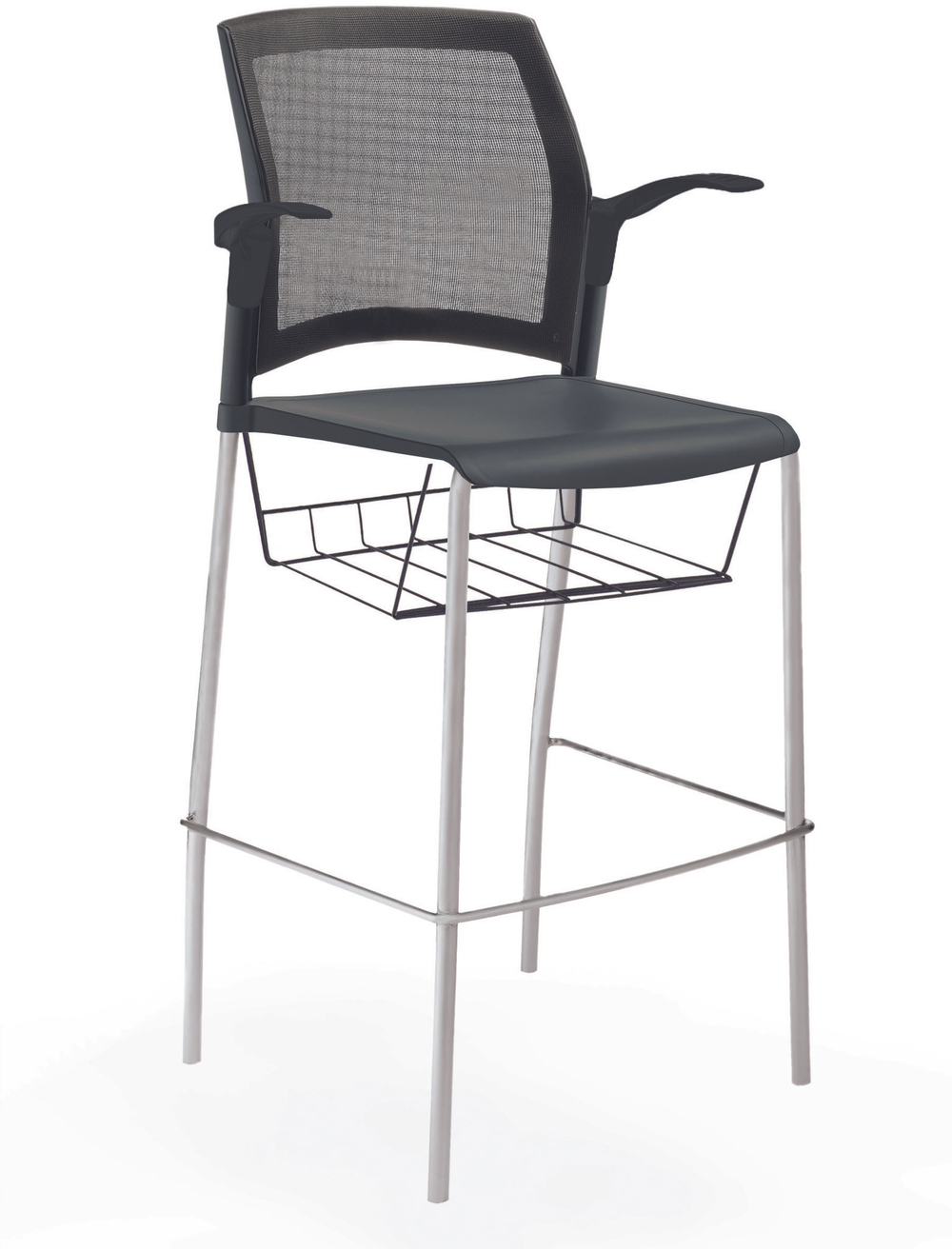 стул Rewind стул барный на 4 ногах, каркас серый, пластик черный, спинка-сетка, с открытыми подлокотниками, с подседельной корзиной