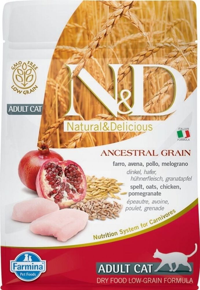 Сухой корм Farmina N&amp;D Ancestral Grain Cat Adult низкозерновой для взрослых кошек курица, спельта, овёс и гранат для взрослых котов и кошек 300 г