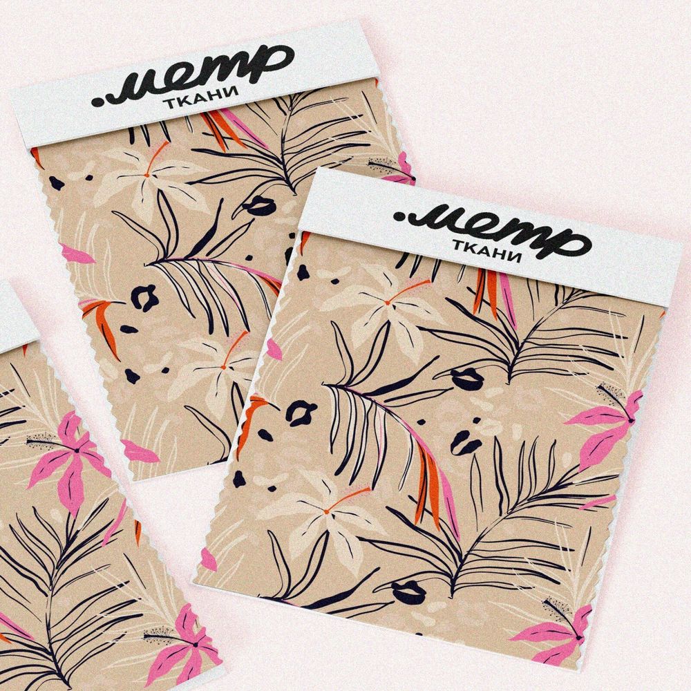 Ткань лен контурные листья с розовыми