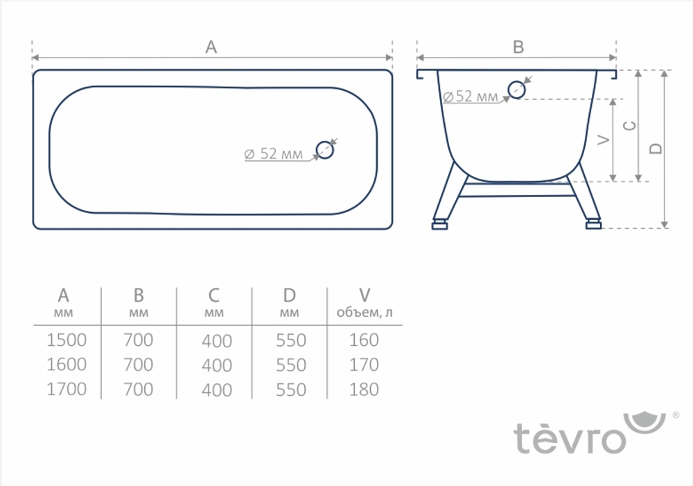 Стальная ванна ВИЗ Tevro 170x70 с опорной подставкой ОР-01207 (T-72902)