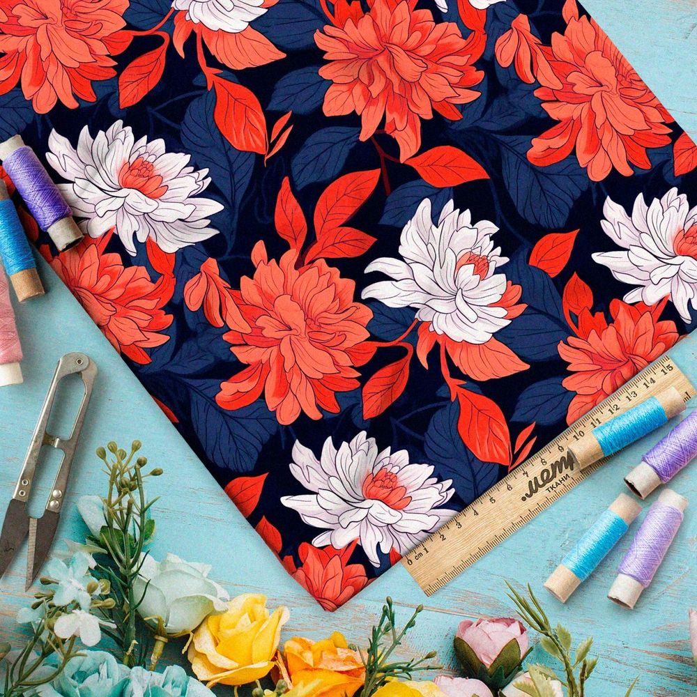 Ткань премиум флис кораловый цветочный акцент