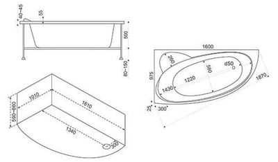 Ванна акриловая BAS Сагра правая 1600х1000 с каркасом