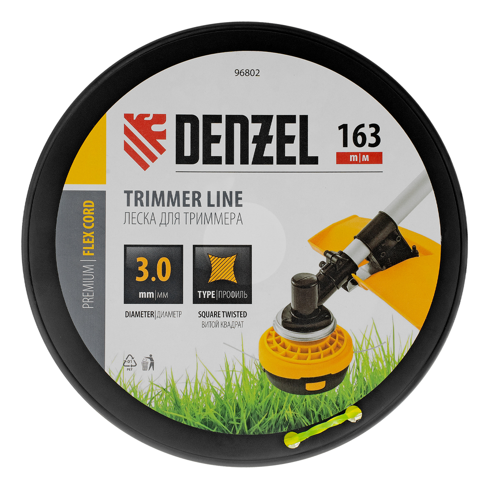 Леска для триммера витой квадрат, 3,0мм х 163м, на DIN катушке FLEX CORD Denzel
