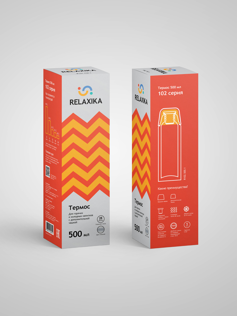 Термос Relaxika 102 (0,5 литра) в термочехле, стальной