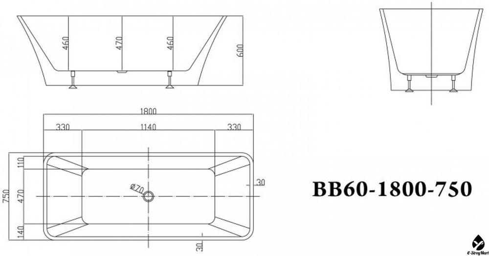 ВАННА АКРИЛОВАЯ ОТДЕЛЬНОСТОЯЩАЯ 1800*750 BELBAGNO BB60