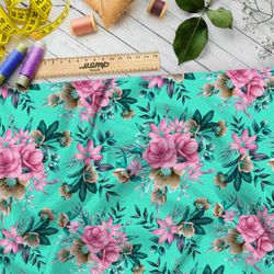 Ткань шелк Армани яркие розовые цветы на бирюзовом фоне
