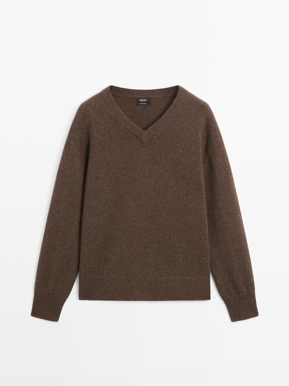 Massimo Dutti Свитер из 100% кашемира с V-образным вырезом, коричневый