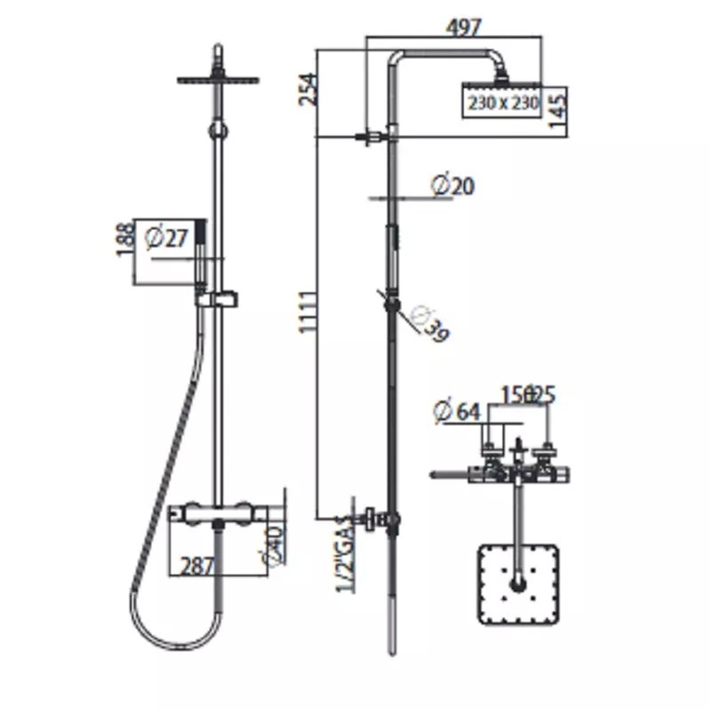 Bossini душевая система: стойка из латуни Ø 20 мм, Cosmo верхний душ из латуни 230х230 мм, ручной верхний душ Zen, поворотный держатель, шланг Lux 150