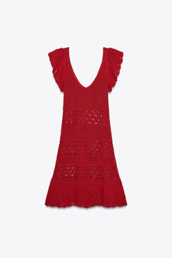 ZARA МИНИ-ПЛАТЬЕ ИЗ РЕЛЬЕФНОГО ТРИКОТАЖА С ВОЛАНАМИ, КРАСНЫЙ