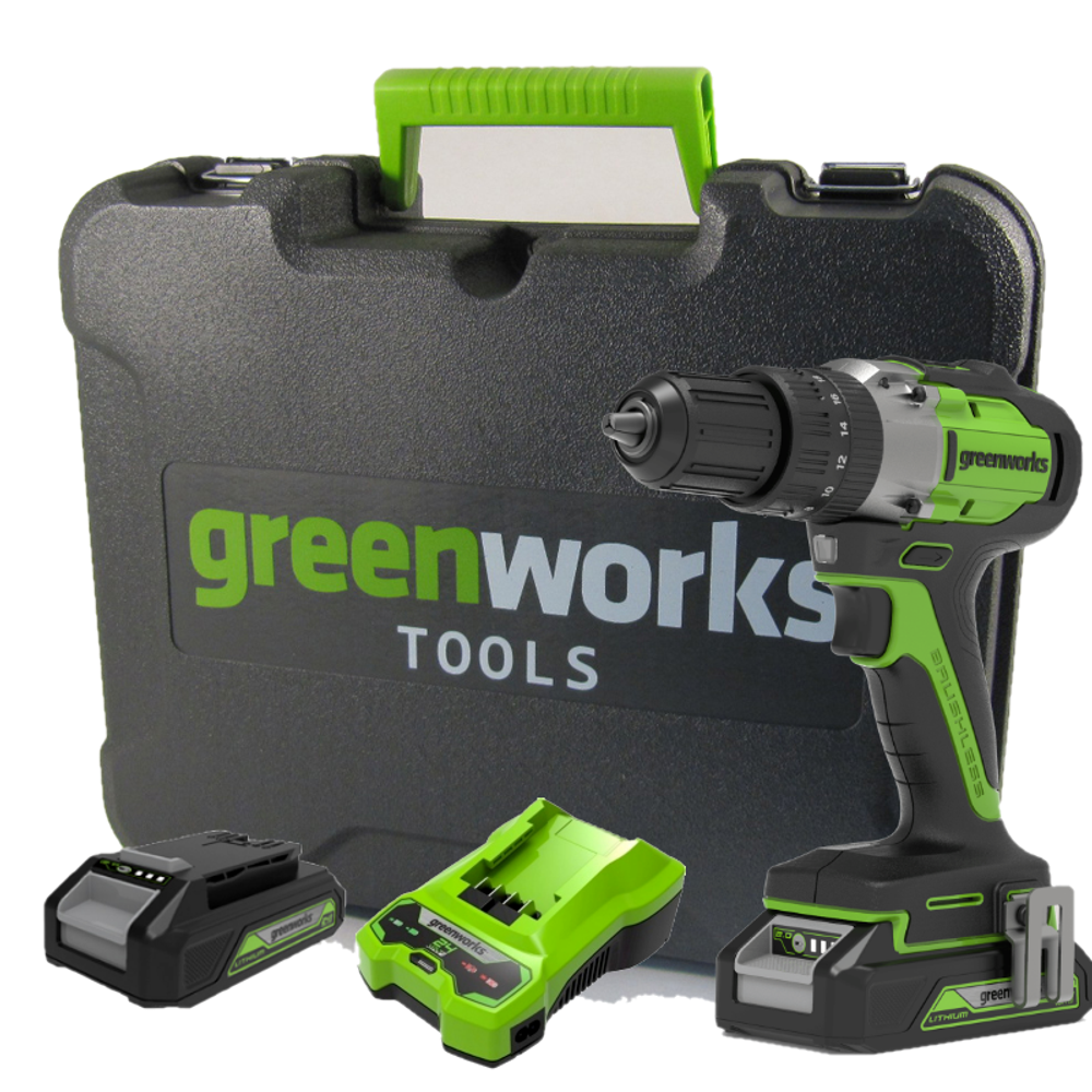 Аккумуляторная ударная дрель шуруповерт Greenworks GD24DD60K2, 3704107UA, 24v, АКБ 2 А·ч и ЗУ в кейсе