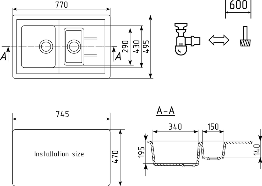 МОЙКА ULGRAN РЕВЕРС 1,5 ЧАШИ С ПЛОЩАДКОЙ U-205 МОЛОКО 341