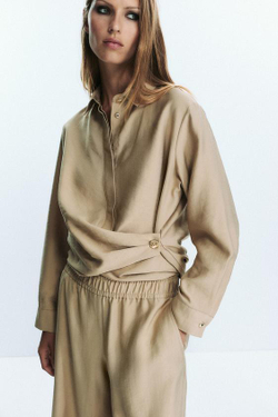 ZARA ШИРОКИЕ БРЮКИ С ЭЛАСТИЧНОЙ ТАЛИЕЙ, ПЕСОЧНЫЙ