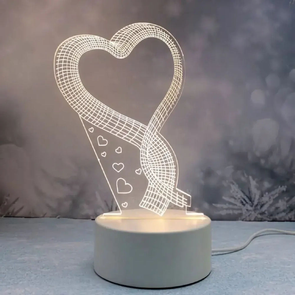 Светильник ночник «3D-HEART» на пластиковой подставке, с включателем USB