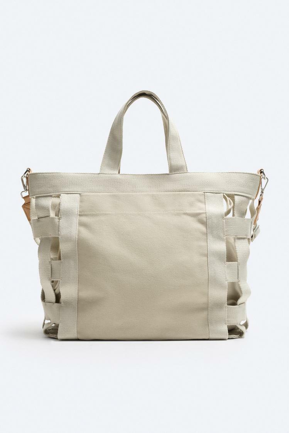 ZARA ПЛЕТЕНАЯ ХОЛЩОВАЯ СУМКА-ШОПЕР, БЕЛЫЙ ЭКРЮ