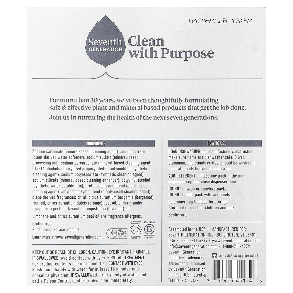 Seventh Generation, Пакеты с моющим средством Power + для посудомоечной машины, Fresh Citrus, 40 упаковок, 600 г (21,1 унции)
