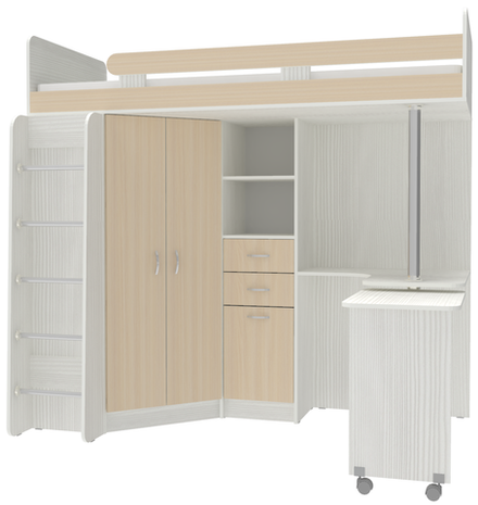 Кровать-чердак КарИВи Юниор 3 с металлической лестницей Белое Дерево  Дуб Молочный