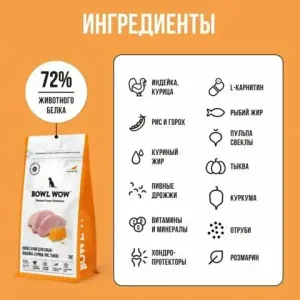 Сухой корм BOWL WOW для собак крупных пород с индейкой, курицей, рисом и тыквой 