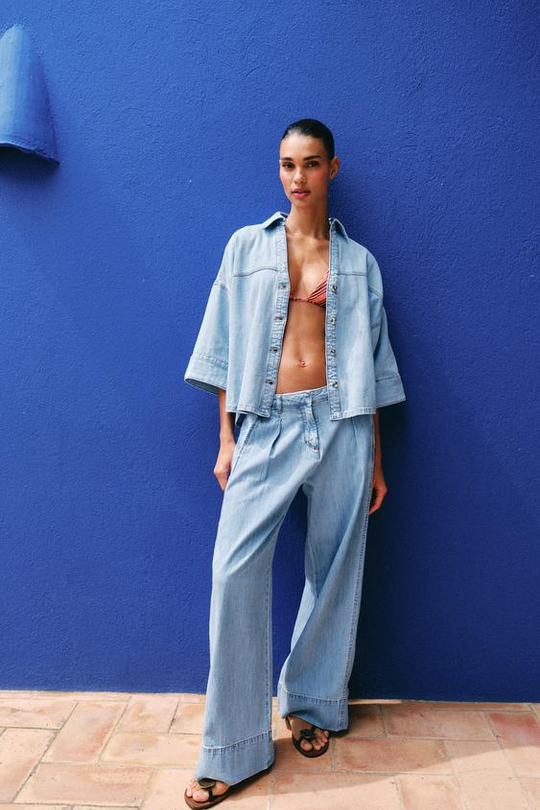 ZARA ДЖИНСЫ Z1975 WIDE LEG С ВЫСОКОЙ ПОСАДКОЙ И ЗАЩИПАМИ, ВЫЦВЕТШИЙ СИНИЙ