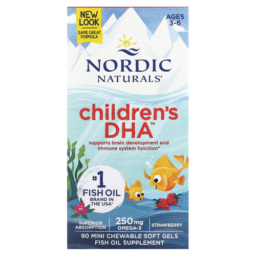 Nordic Naturals, Children's DHA, ДГК для детей от 3 до 6 лет, со вкусом клубники, 90 жевательных мини-капсул