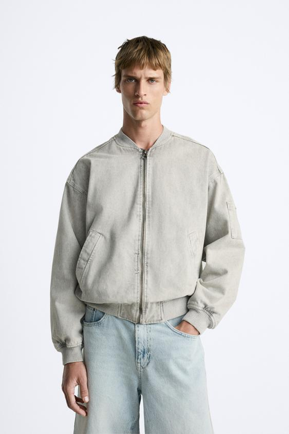 ZARA ХЛОПКОВЫЙ БОМБЕР, СВЕТЛО-СЕРЫЙ