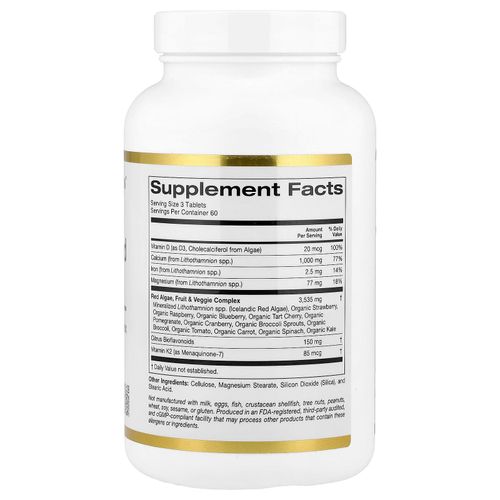 California Gold Nutrition, кальций из водорослей, добавка с кальцием, витамином D3 и магнием, органическая клубника, малина и голубика, 180 таблеток