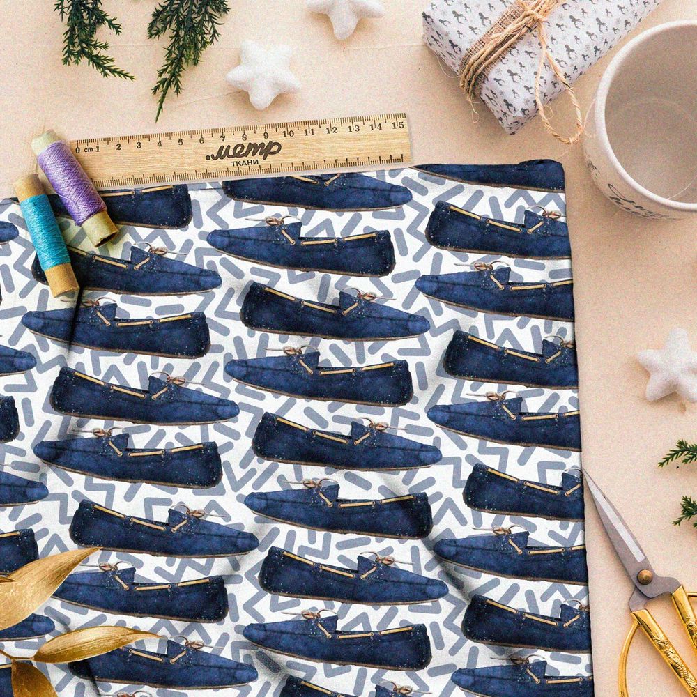 Ткань кулирная гладь синие туфли на белом фоне с рисунком