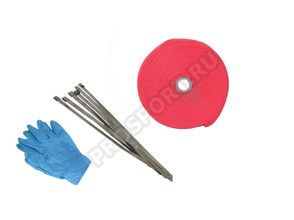 Термолента для глушителя красная 1mm*50mm*5m,с 6 хомутами и перчатками, стекловолокно