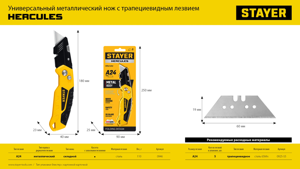 STAYER Hercules-А24, универсальный металлический нож с трапециевидным лезвием (0946)