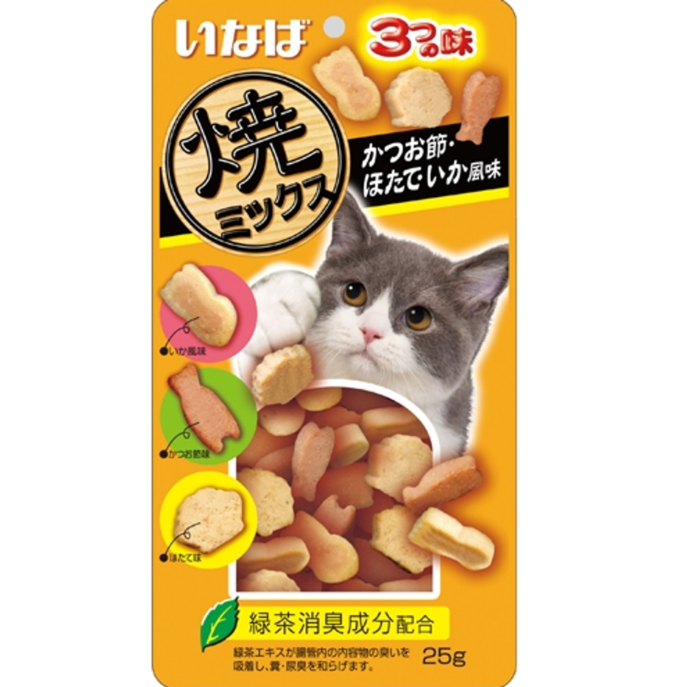 Qsc-121 inaba yaki miksu запеченное лакомство для кошек cо вкусом кацуобуси, морскогогребешка и кальмара 25г