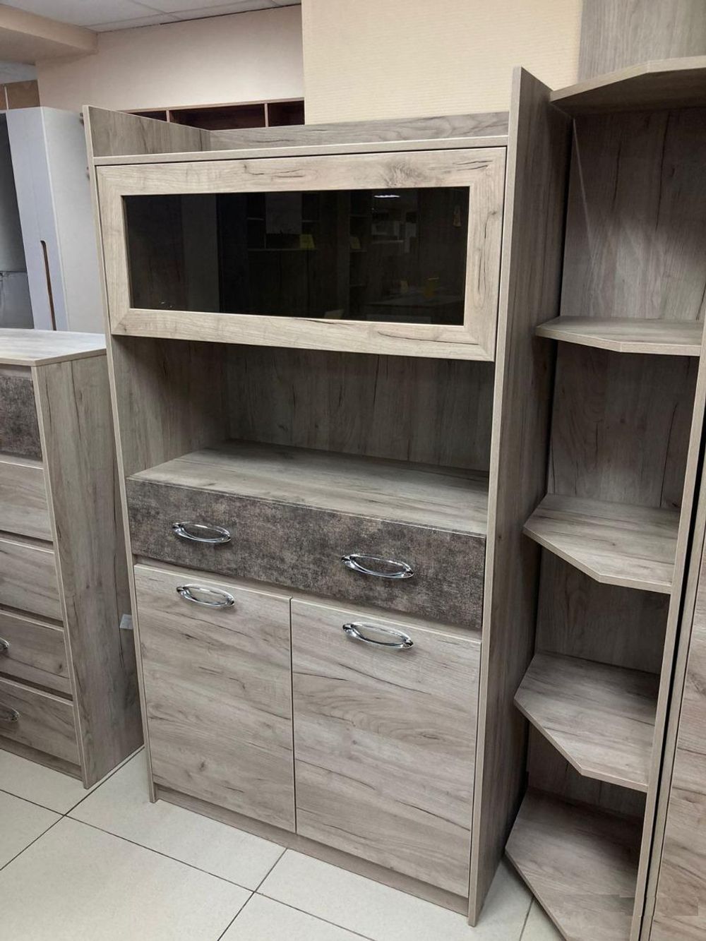 Шкаф витрина Дакота серый крафт/тиз серый ЛДСП