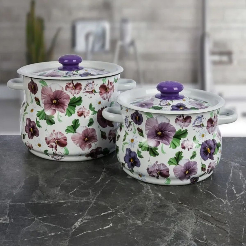 Набор эмалированной посуды 4 пр, кастрюли 4,5.5 л, Сиб товары, Анютины глазки 10, N10B54