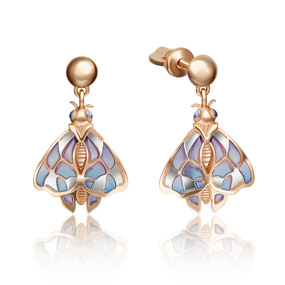 Серьги-пусеты «Мотыльки» из красного золота с эмалью