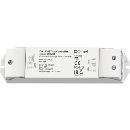 Triac контроллер,  напряжение питания 12-48V DC,  1х15А,  выходная мощность 1×(180-720)W,  Push-Dim