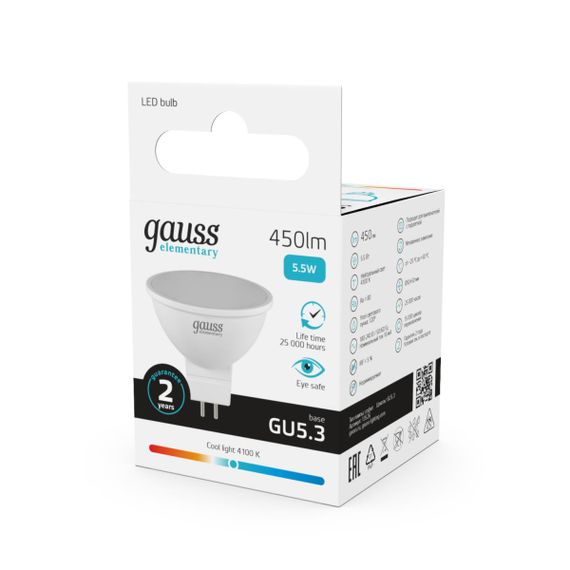 Лампа светодиодная Gauss GU5.3 5.5W 4100K матовая 13526