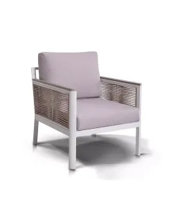 "Сан Ремо" кресло плетеное из роупа садовое, каркас алюминий белый, роуп бежевый, ткань бежевая