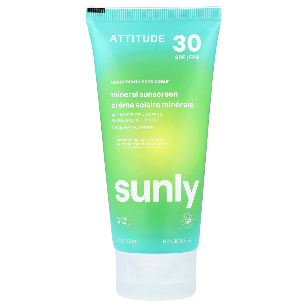 ATTITUDE, Sunly, солнцезащитное средство на минеральной основе, SPF 30, без запаха, 75 г (2,6 унции)
