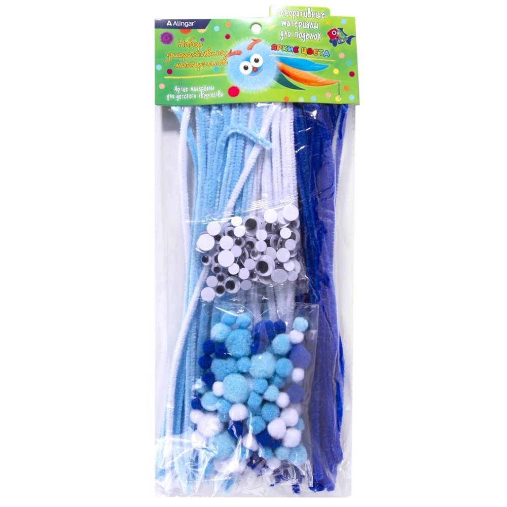 Набор для творчества Alingar, Проволока пушистая-30 см 80 шт, Помпоны-90 шт, Глазки-90 шт, "Белый, голубой, синий", пакет с европодвесом