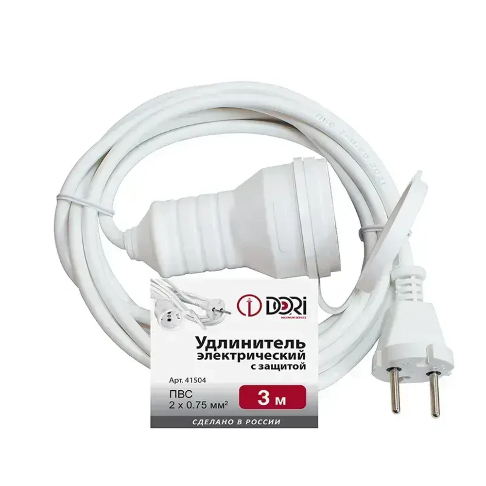 Удлинитель электрический DORI с защитой от влаги (3 м, ПВС 2х0,75 мм2, IP44)